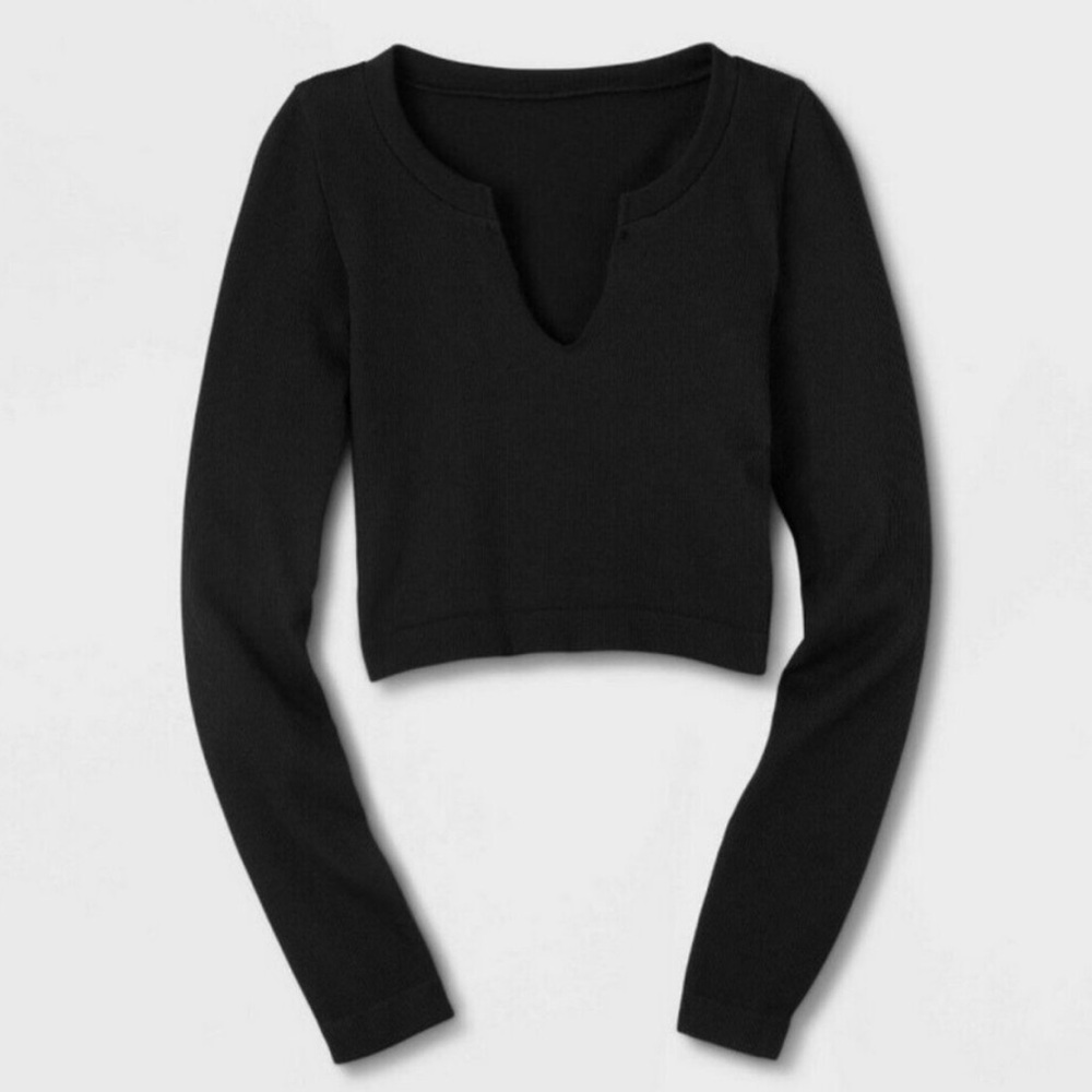Wild Fable Women's Long Sleeve V-Neck Seamless Notched Top Size L Black - Picture 10 of 10